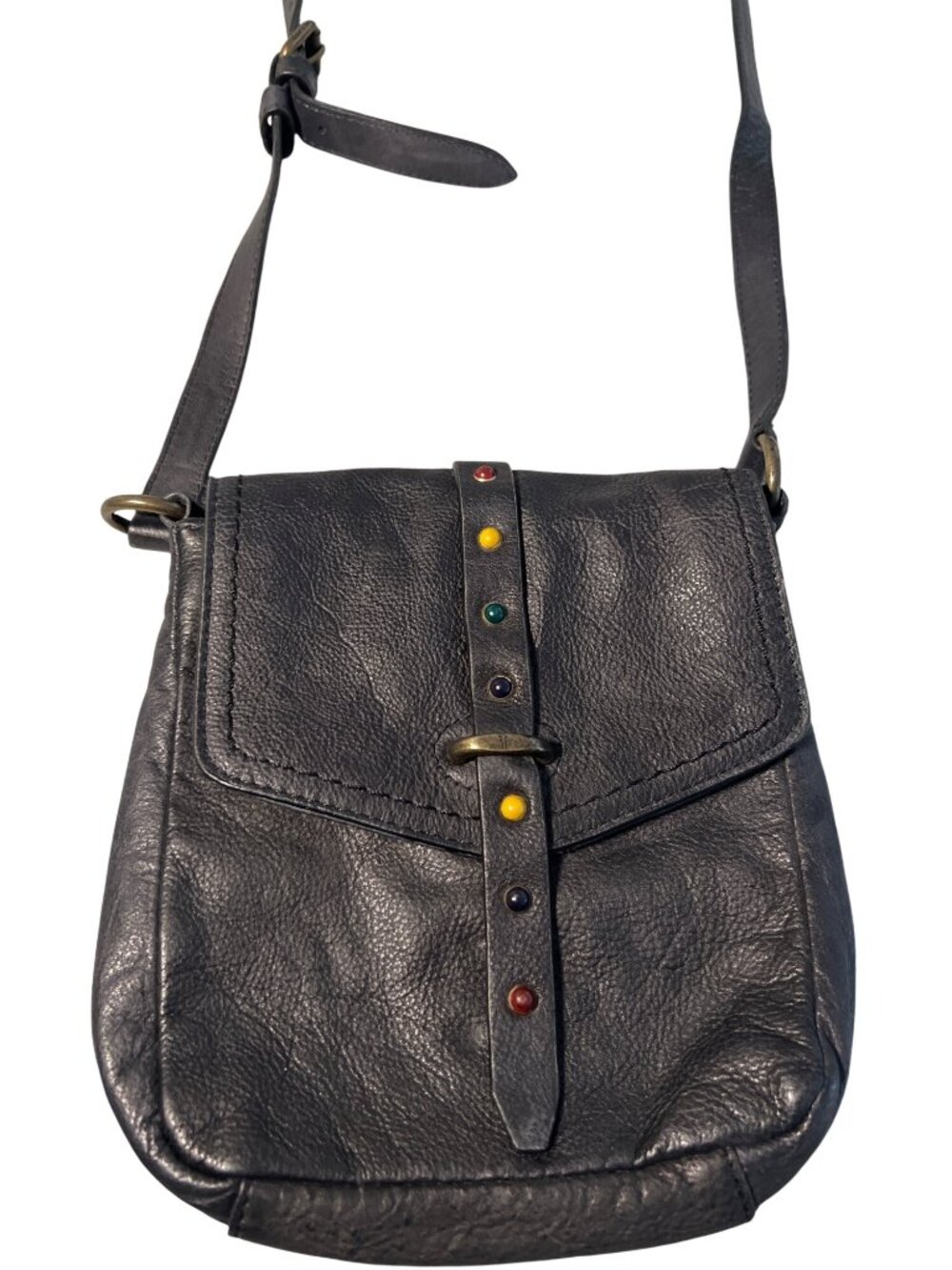 FRYE Alessi Black Pebbled Leather Studded Flap Crossbody Bag Boho